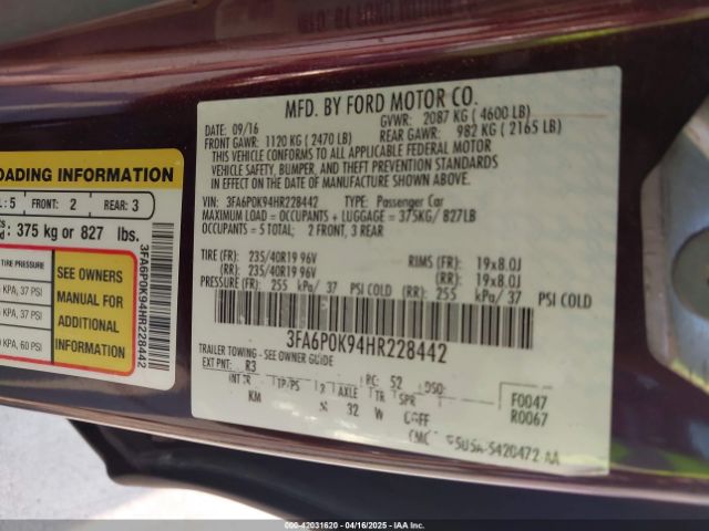 3FA6P0K94HR228442 Ford Fusion Titanium