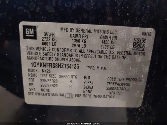 1GYKNFRS8HZ154135 Cadillac Xt5 Platinum
