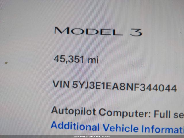 5YJ3E1EA8NF344044 Tesla Model 3 Rear-wheel Drive