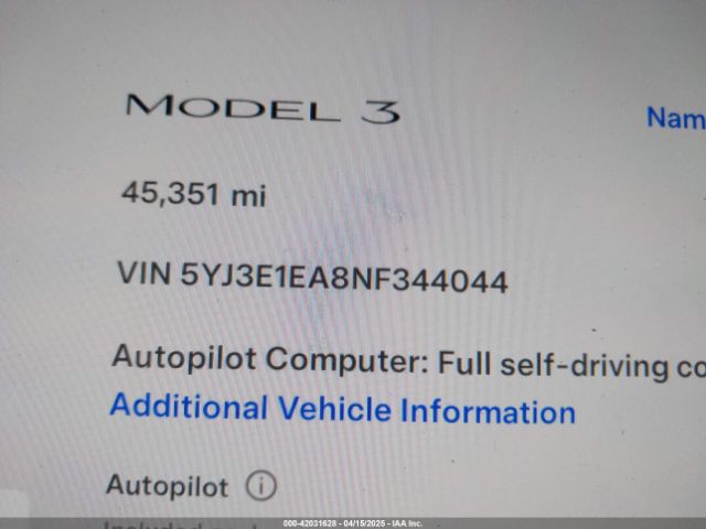 5YJ3E1EA8NF344044 Tesla Model 3 Rear-wheel Drive