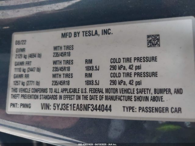 5YJ3E1EA8NF344044 Tesla Model 3 Rear-wheel Drive