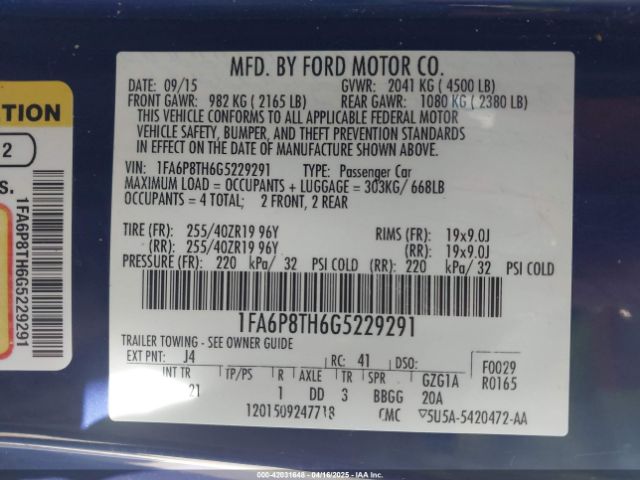 2016 FORD MUSTANG 1FA6P8TH6G5229291 Photo 8