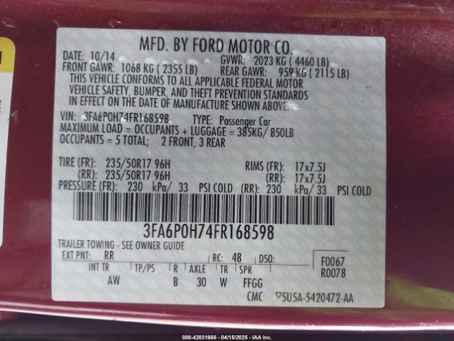 3FA6P0H74FR168598 Ford FUSION SE