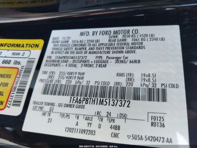 1FA6P8TH1M5137372 Ford Mustang Ecoboost Fastback