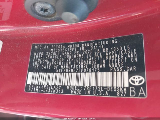 5YFBURHE7EP078175 Toyota Corolla S Premium