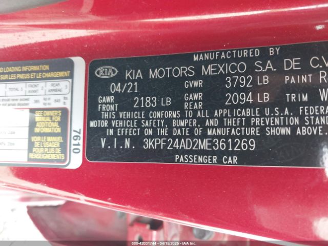 3KPF24AD2ME361269 KIA Forte Lxs