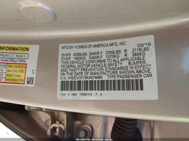 1HGCV1F10KA074490 Honda ACCORD LX