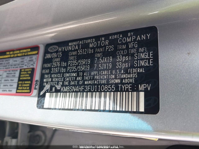 Hyundai Santa Fe Gls 2015 KM8SN4HF3FU110855 Image 9