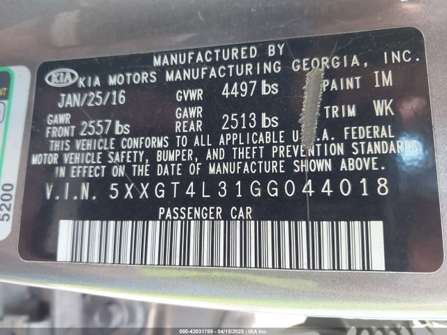5XXGT4L31GG044018 KIA Optima Lx