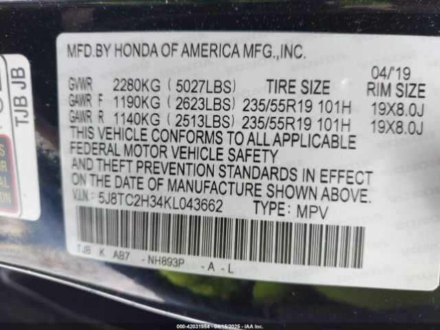5J8TC2H34KL043662 Acura Rdx Standard