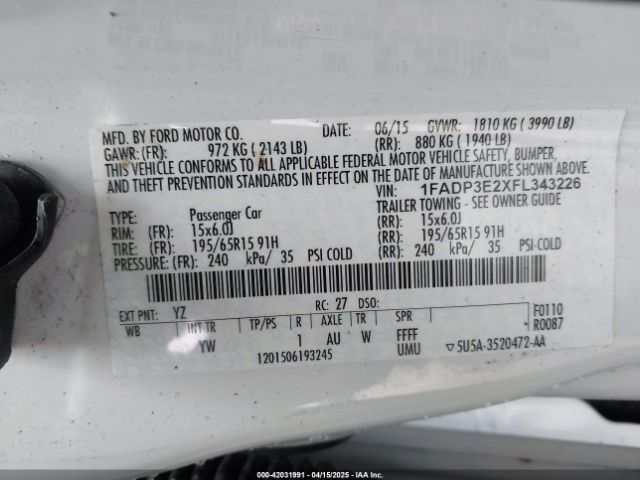 1FADP3E2XFL343226 Ford FOCUS S