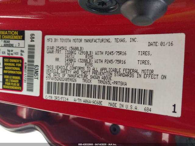 5TFAX5GN2GX059826 Toyota Tacoma Sr5