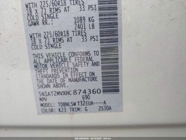 5N1AT2MVXHC874360 Nissan Rogue Sl