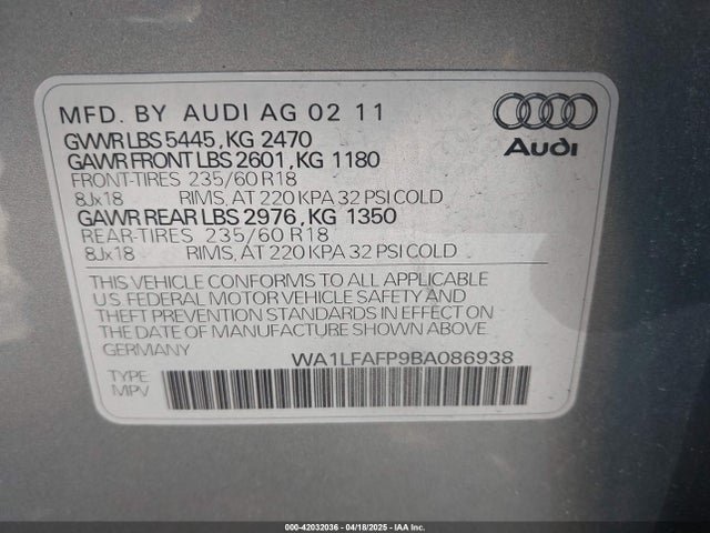 2011 AUDI Q5 WA1LFAFP9BA086938 Photo 8