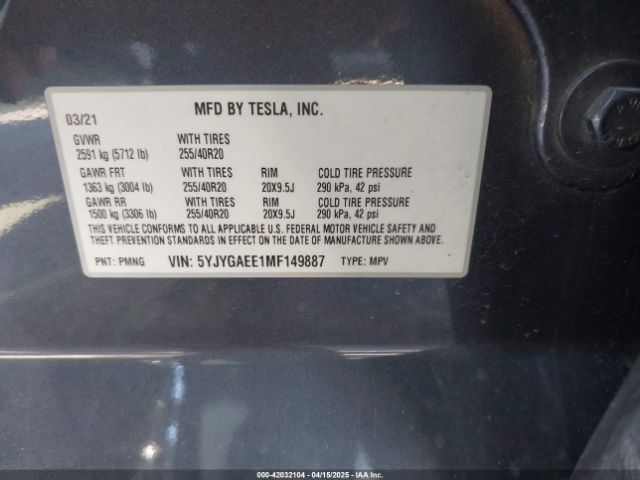 5YJYGAEE1MF149887 Tesla Model Y Long Range Dual Motor All-wheel Drive
