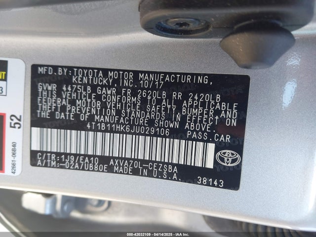4T1B11HK6JU029106 Toyota CAMRY SE