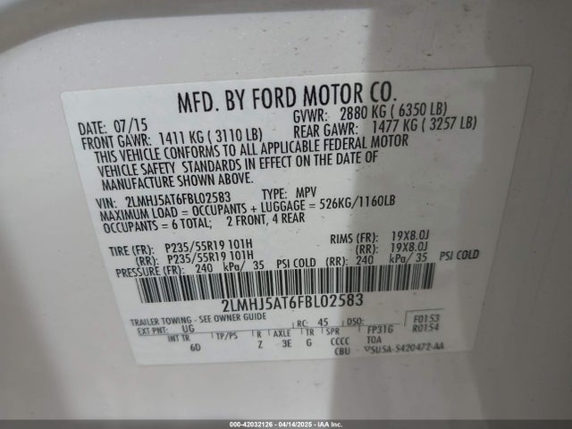 42032126 :رقم المزاد ، 2LMHJ5AT6FBL02583 vin ، 2015 Lincoln Mkt Ecoboost مزاد بيع