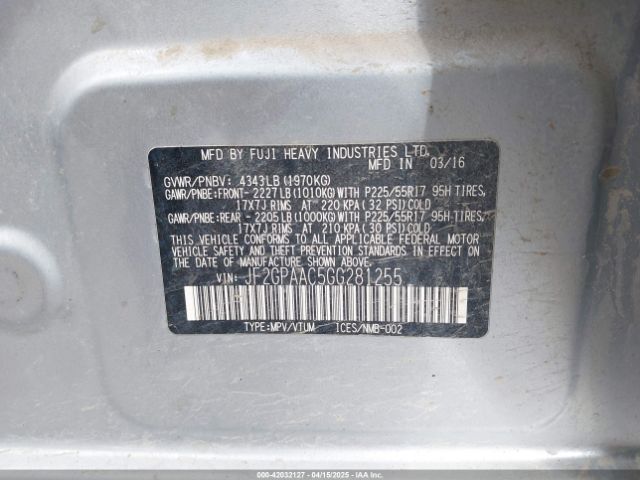 JF2GPAAC5GG281255 Subaru Crosstrek 2.0i