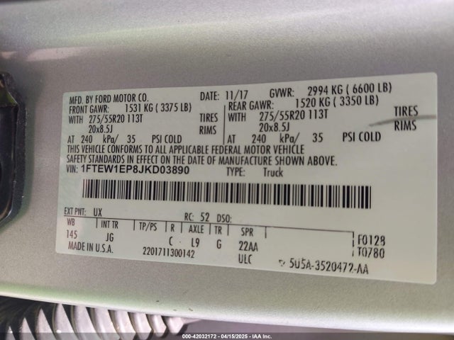 1FTEW1EP8JKD03890 Ford F-150 Xl
