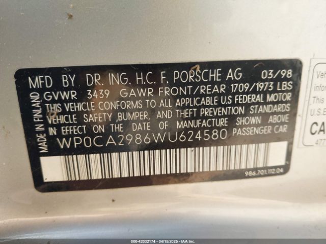 1998 PORSCHE BOXSTER WP0CA2986WU624580 Photo 8