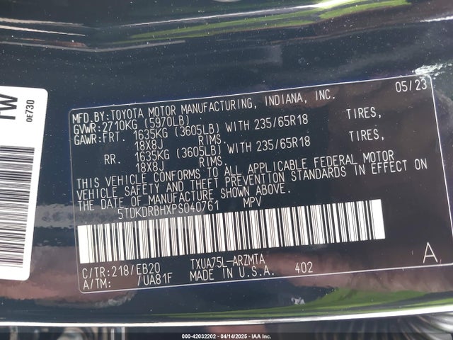 5TDKDRBHXPS040761 Toyota Highlander Xle