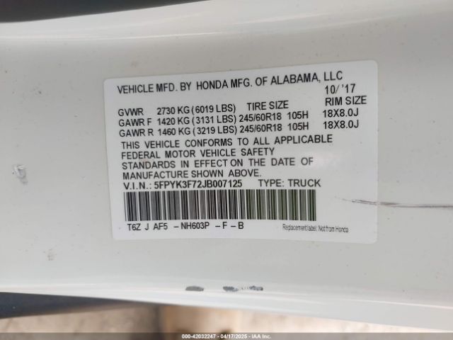 5FPYK3F72JB007125 Honda Ridgeline Rtl-e