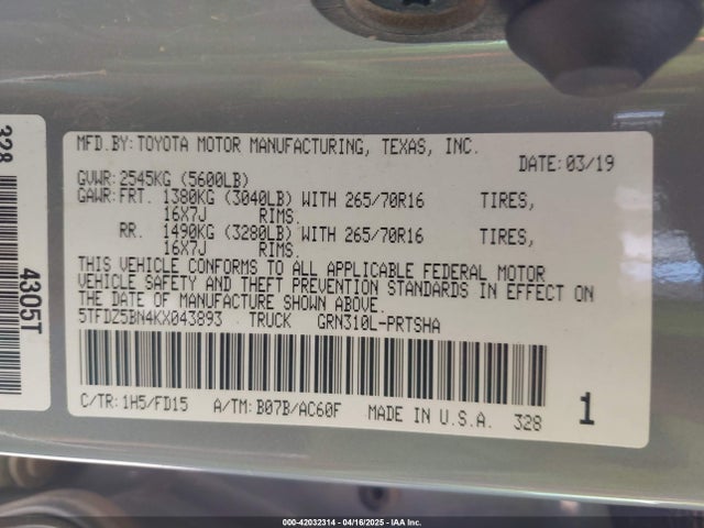5TFDZ5BN4KX043893 Toyota Tacoma Trd Off Road