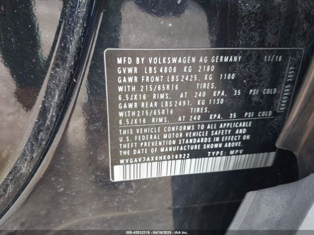 WVGAV7AX6HK016922 Volkswagen Tiguan 2.0t/2.0t S