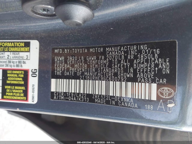 2T1BURHE9GC600792 Toyota Corolla Le Premium