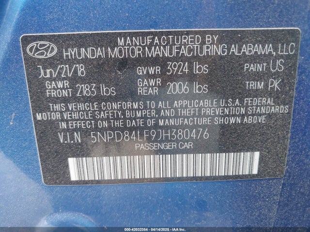 5NPD84LF9JH380476 Hyundai ELANTRA SEL