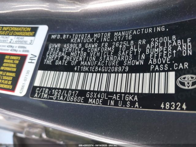 4T1BK1EB4GU208979 Toyota AVALON XLE