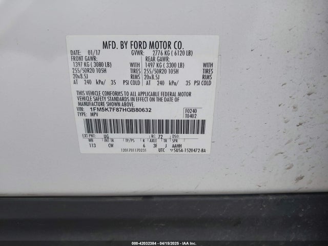 1FM5K7F87HGB80632 Ford Explorer Limited