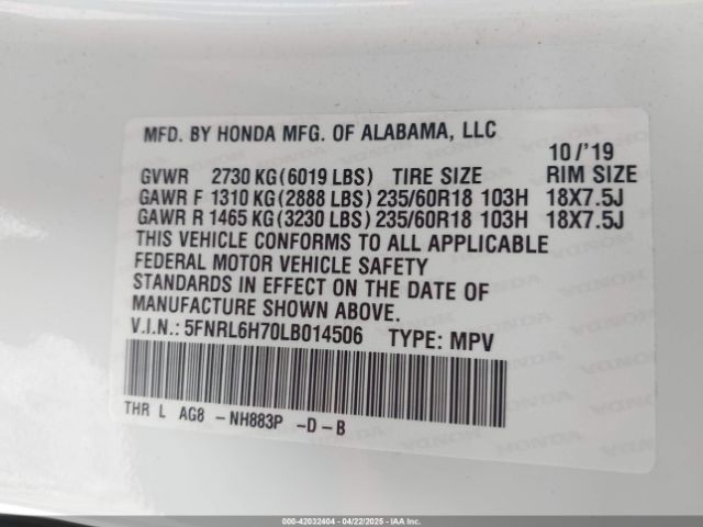 5FNRL6H70LB014506 Honda Odyssey Ex-l/ex-l W/navi   Res