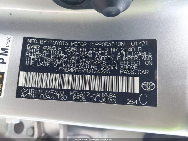 Aukcja sprzedaży 2021 Toyota Corolla Se Nightshade Edition, vin: JTND4MBE9M3126220, numer aukcji: 42032433