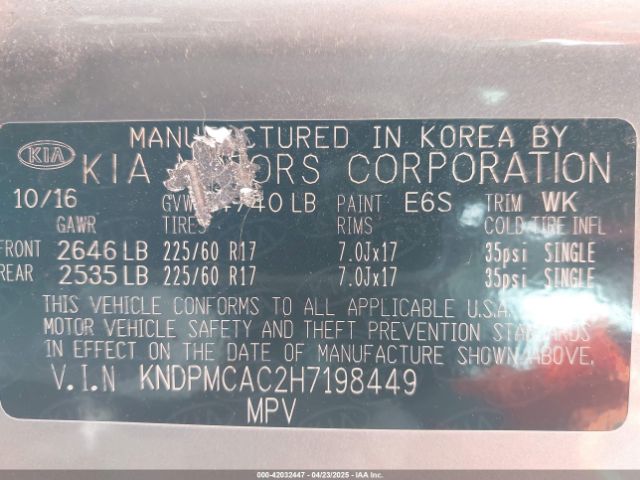 KNDPMCAC2H7198449 KIA Sportage Lx