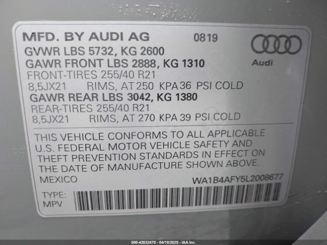 WA1B4AFY5L2008677 Audi Sq5 Premium Plus Tfsi Quattro Tiptronic