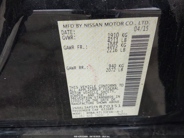 1N4AL3AP1FN870351 Nissan Altima 2.5 Sl
