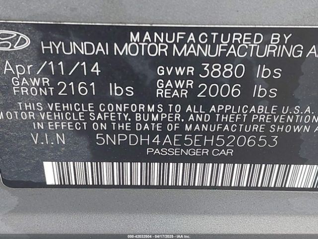 5NPDH4AE5EH520653 Hyundai ELANTRA SE
