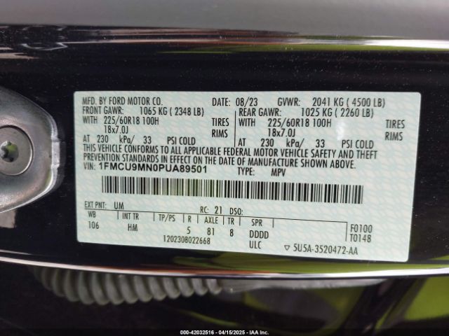 1FMCU9MN0PUA89501 Ford Escape St-line