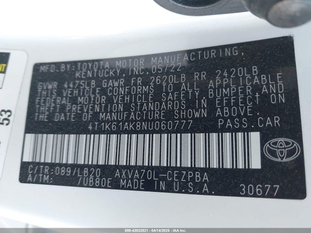 4T1K61AK8NU060777 Toyota CAMRY XSE