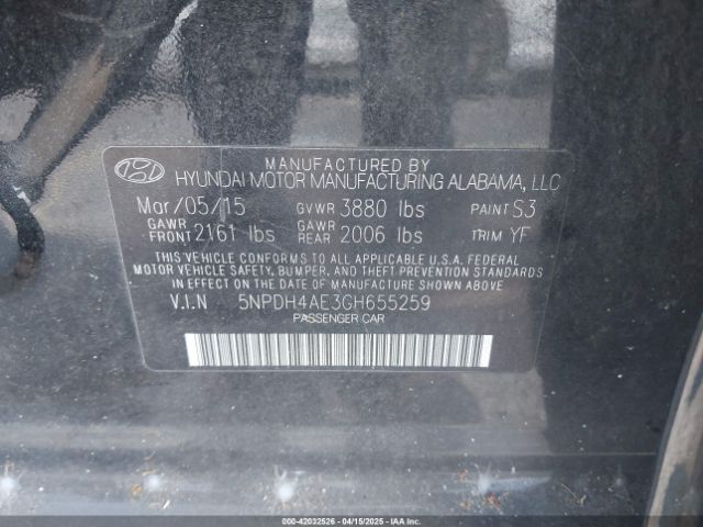 5NPDH4AE3GH655259 Hyundai ELANTRA SE