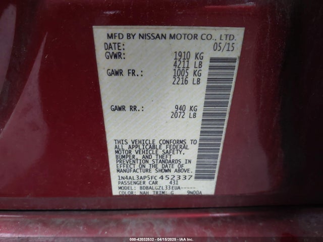 1N4AL3AP5FC452337 Nissan Altima 2.5/2.5 S/2.5 Sl/2.5 Sv