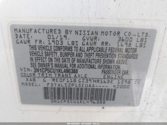 3N1CP5CU1KL496388 Nissan KICKS SV