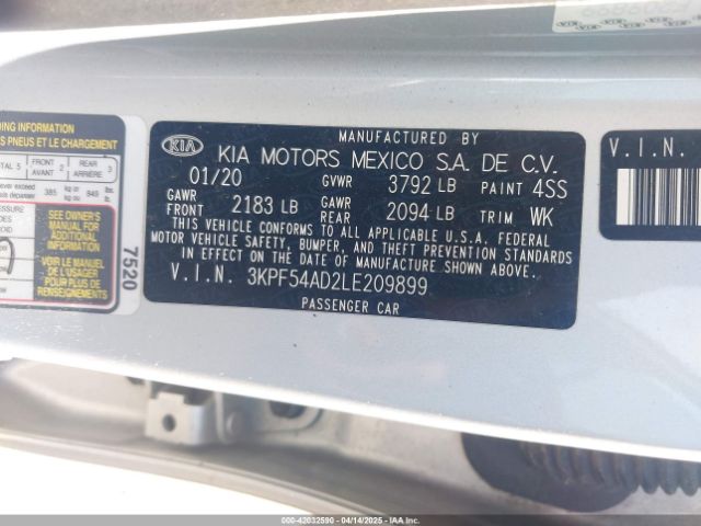 3KPF54AD2LE209899 KIA FORTE EX