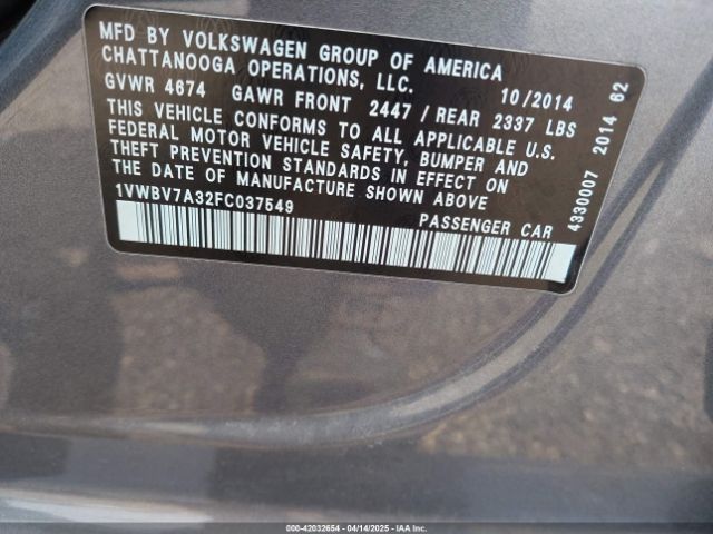 1VWBV7A32FC037549 Volkswagen Passat 2.0l Tdi Se