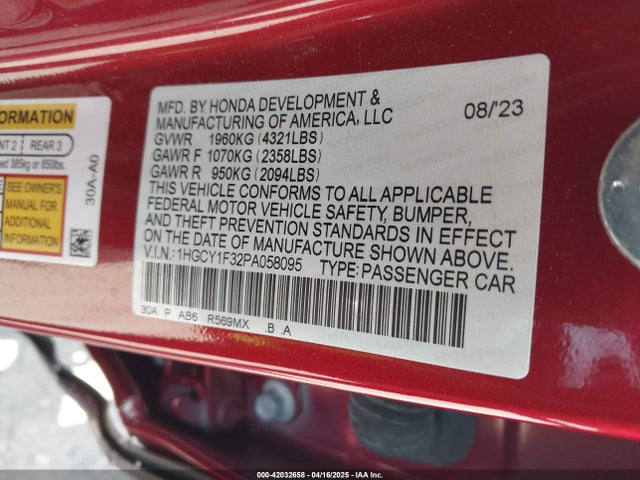 1HGCY1F32PA058095 Honda ACCORD EX