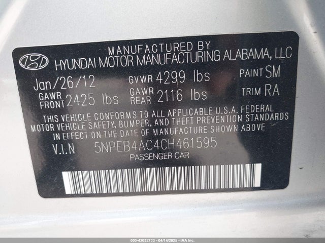 Aukcja sprzedaży 2012 Hyundai Sonata Gls, vin: 5NPEB4AC4CH461595, numer aukcji: 42032733