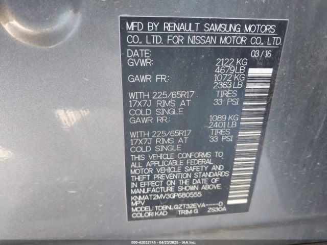 KNMAT2MV3GP680555 Nissan Rogue S/sl/sv