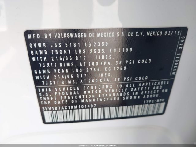 3VV1B7AX1KM101407 Volkswagen TIGUAN S