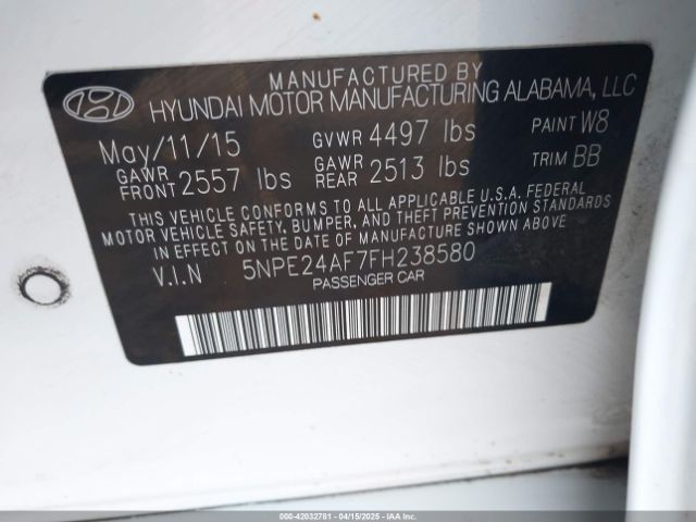 5NPE24AF7FH238580 Hyundai SONATA SE